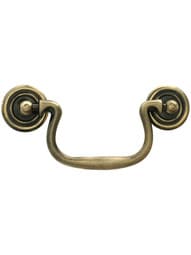 Swan-Neck Brass Bail Pull with Ringed Round Rosettes - 3 1/2-Inch Center-to-Center